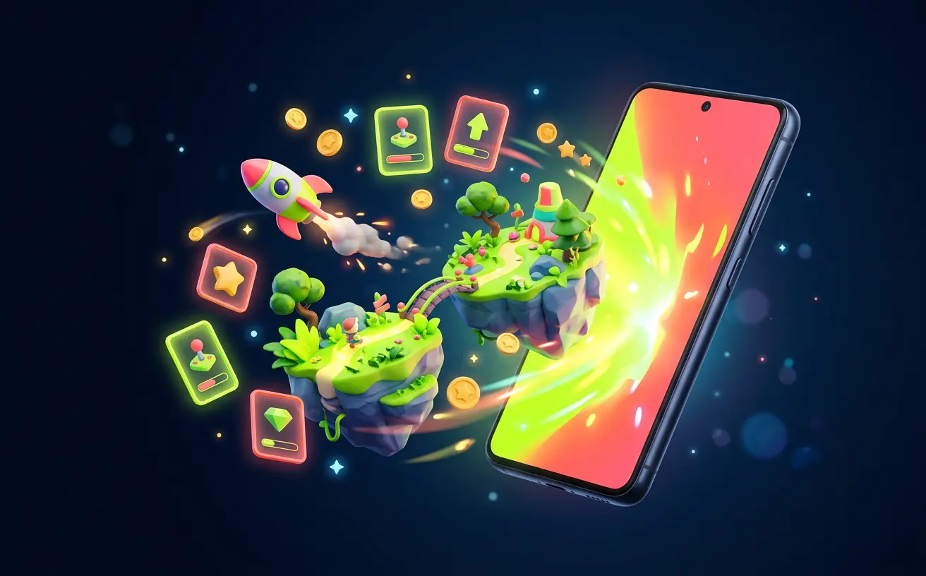 A smartphone with a miniature game world bursting from its screen